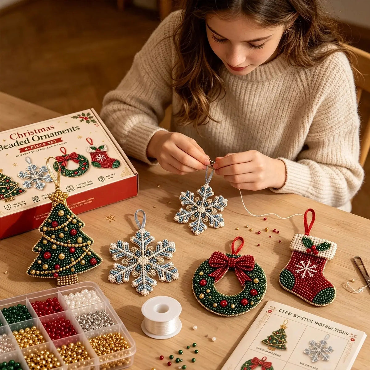 Christmas 3D bead ornament kit contents – 4-piece holiday bead art craft set with materials