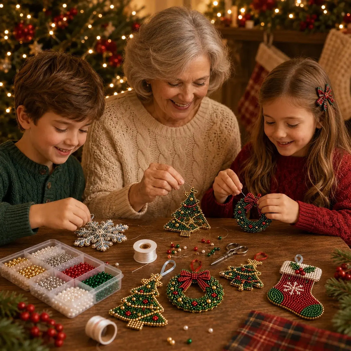 Christmas 3D bead ornament kit detail view – creative holiday bead art craft set 4 pieces