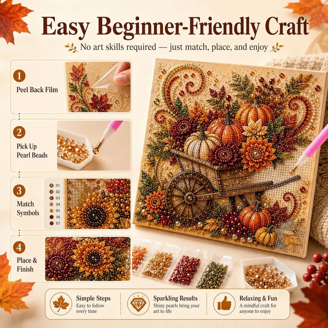 Halloween Diamond Painting Kits Autumn Pearl Painting Kit - Pearl Art Diy Kits for Adults Autumn (Pumpkin) | 12 * 12-inch Beginner-Friendly Crafting with Selected Fall Scenes, a Relaxing DIY Project for Sparkling Autumn Artwork