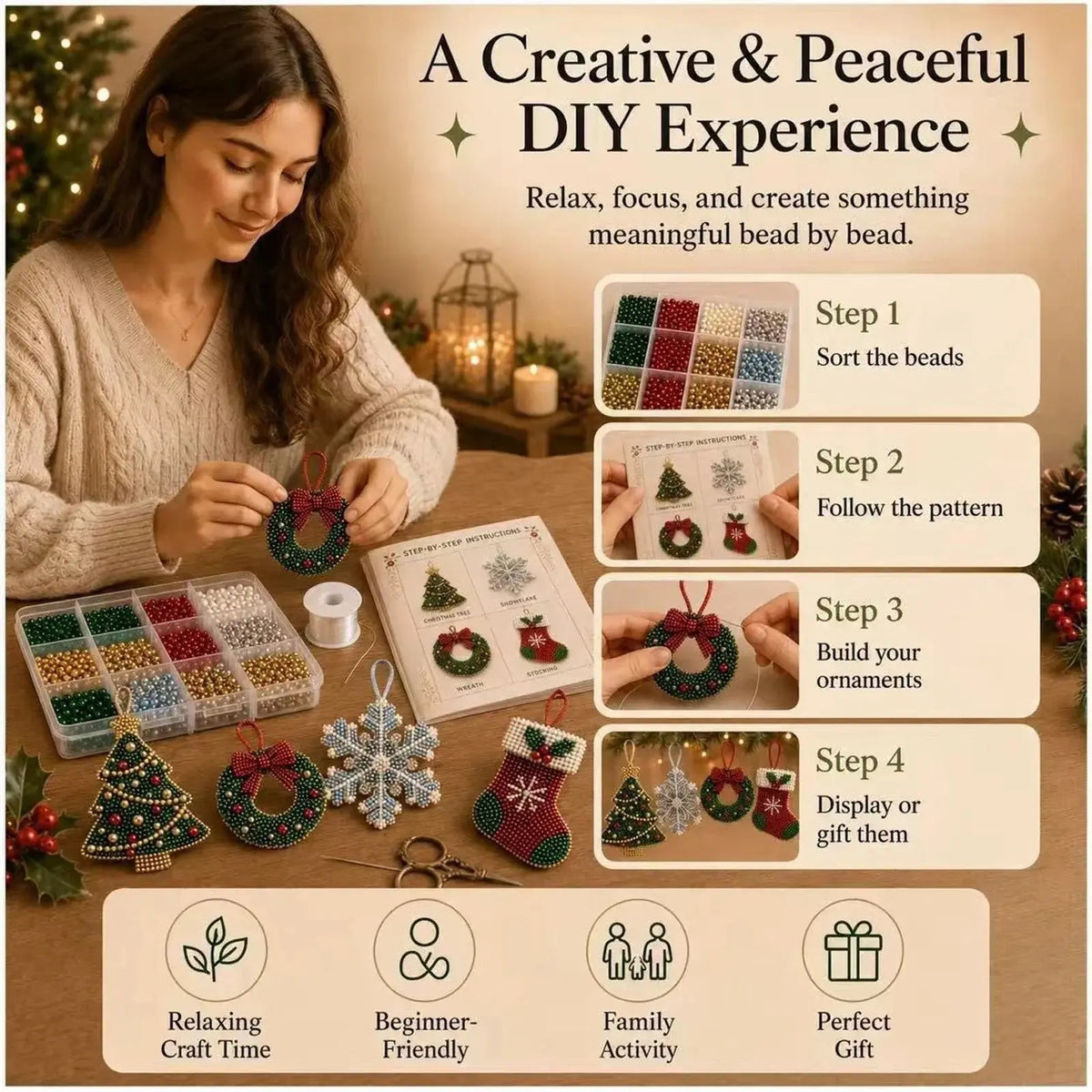 Christmas 3D beaded ornaments finished display – DIY holiday bead art craft for home decor
