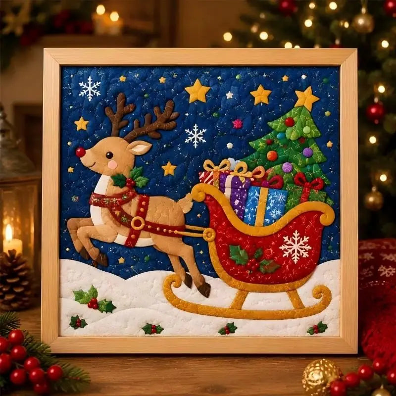 Christmas tree framed wall art 20cm – vintage patchwork picture for holiday home decor