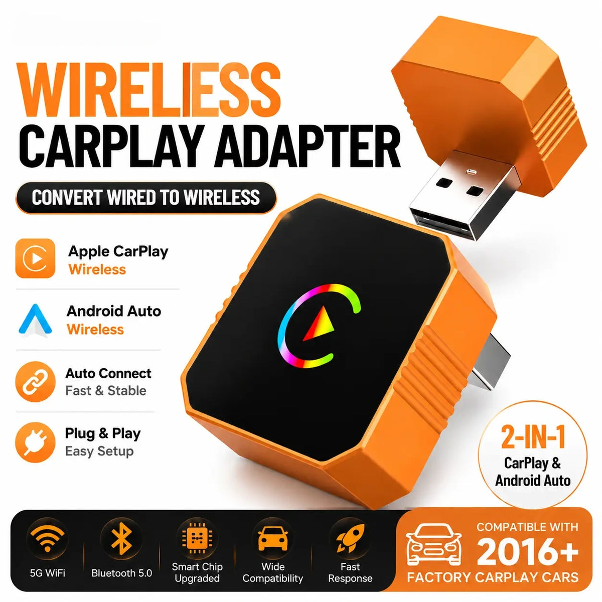 Convert Wired CarPlay & Android Auto to Wireless For Compatible 2016