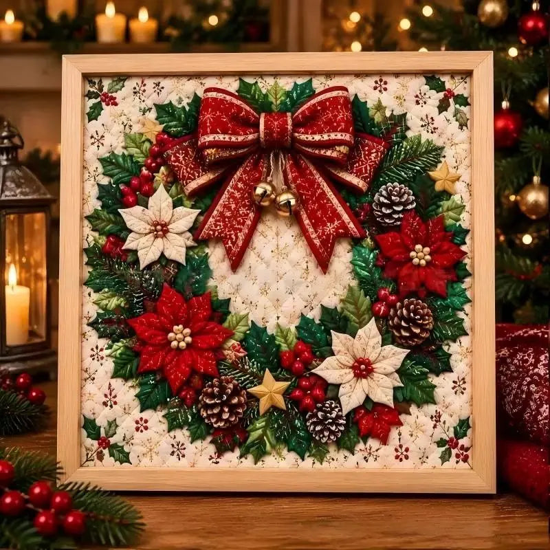 Christmas wreath framed wall art 20cm – vintage patchwork picture for festive wall decor