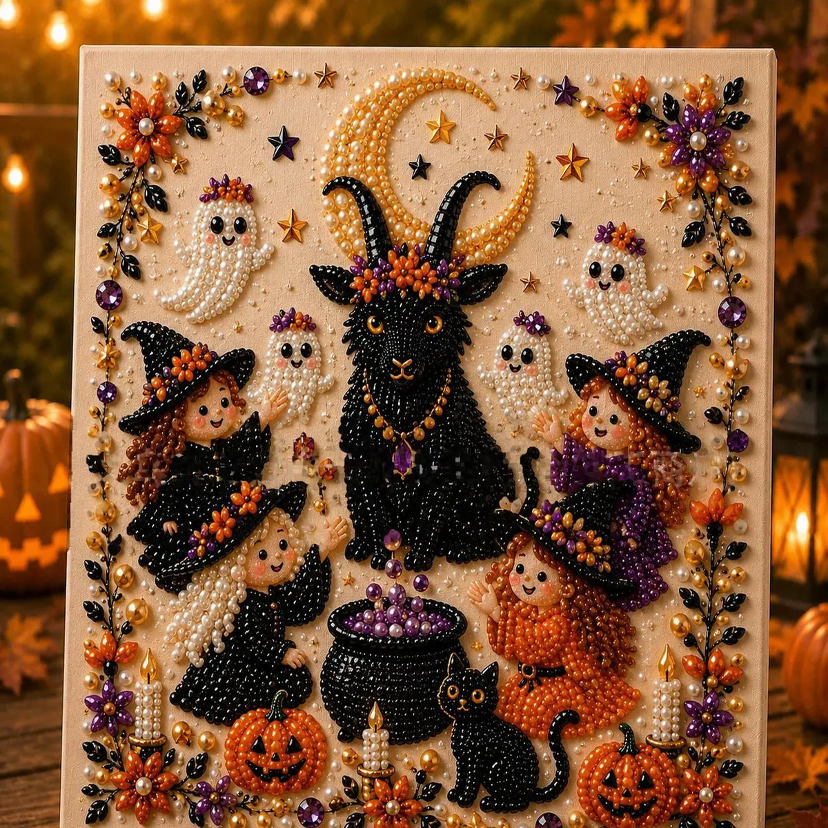 Halloween pearl art DIY kit contents – 3D bead mosaic craft set with artboard and tools