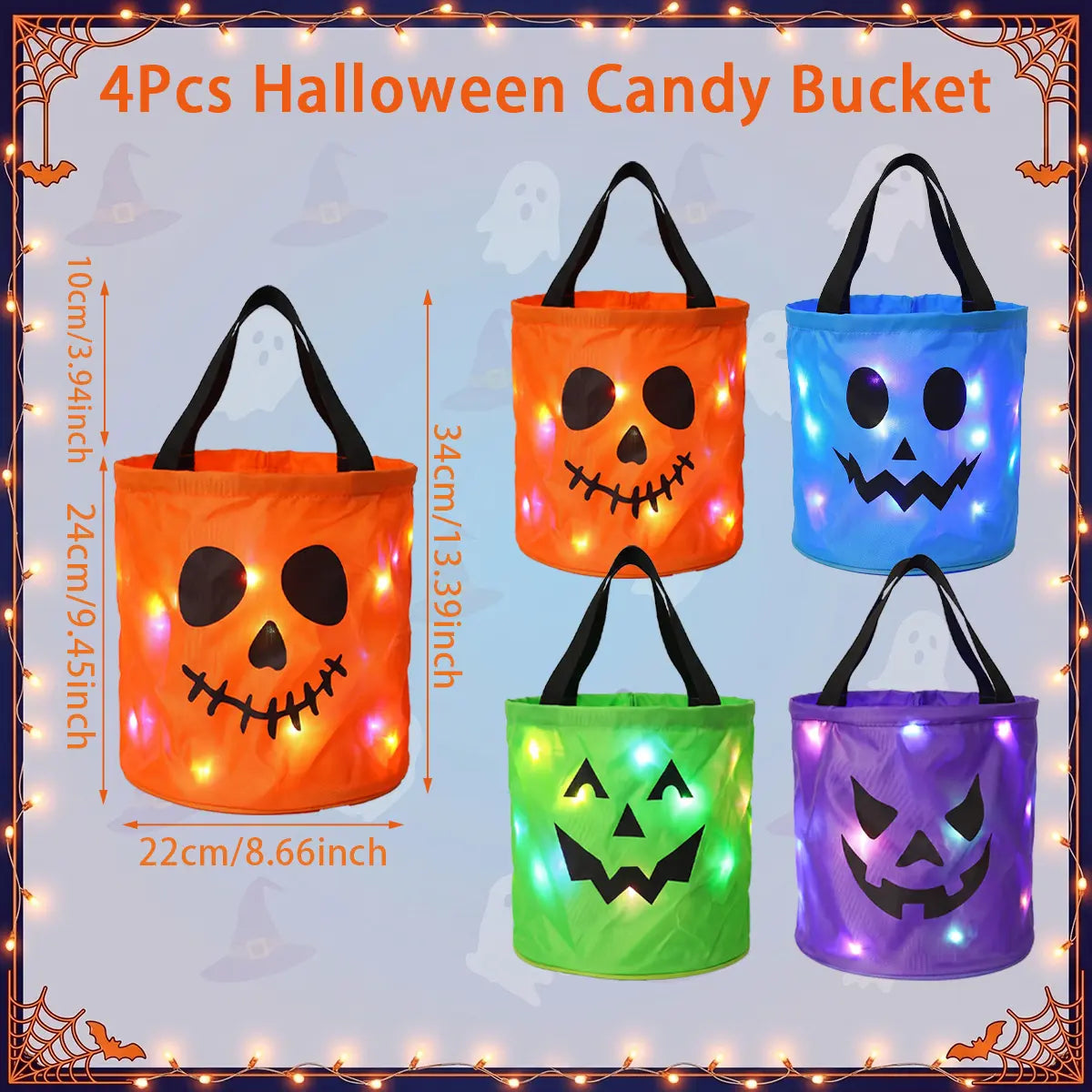 Geetoys 3/4 Pcs Halloween Candy Bucket with LED Lights Non Woven Gift Bags Trick or Treat Bags Pumpkin Candy Bags Reusable Tote Bags for Kids Students Adults, Night Light Bags for Home Garden Lawn Decorations, Birthday Christmas Party Favor Supplies