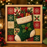 Christmas reindeer framed wall art 20cm – vintage patchwork picture for festive wall decor