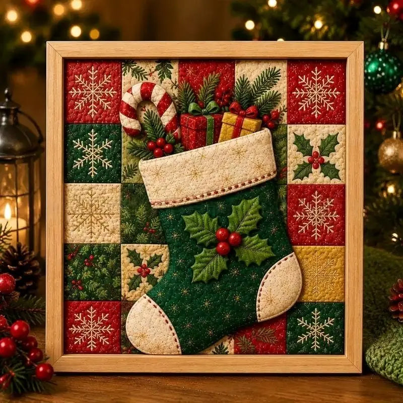 Christmas reindeer framed wall art 20cm – vintage patchwork picture for festive wall decor