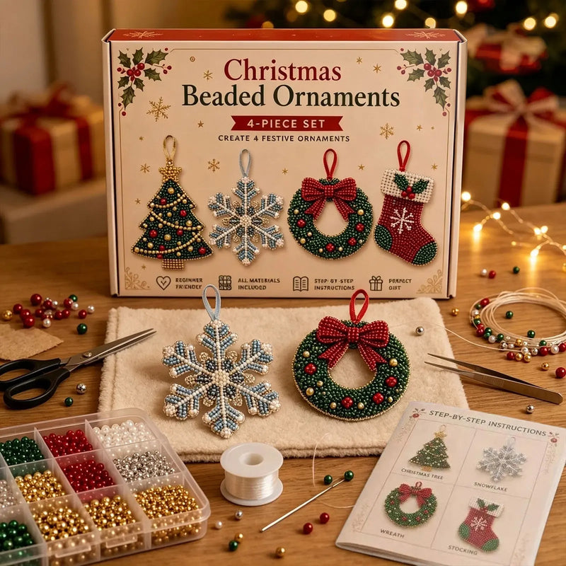 4-Piece Creative Xmas 3D Beaded Ornaments DIY  Kit, Holiday Bead Art Craft Set