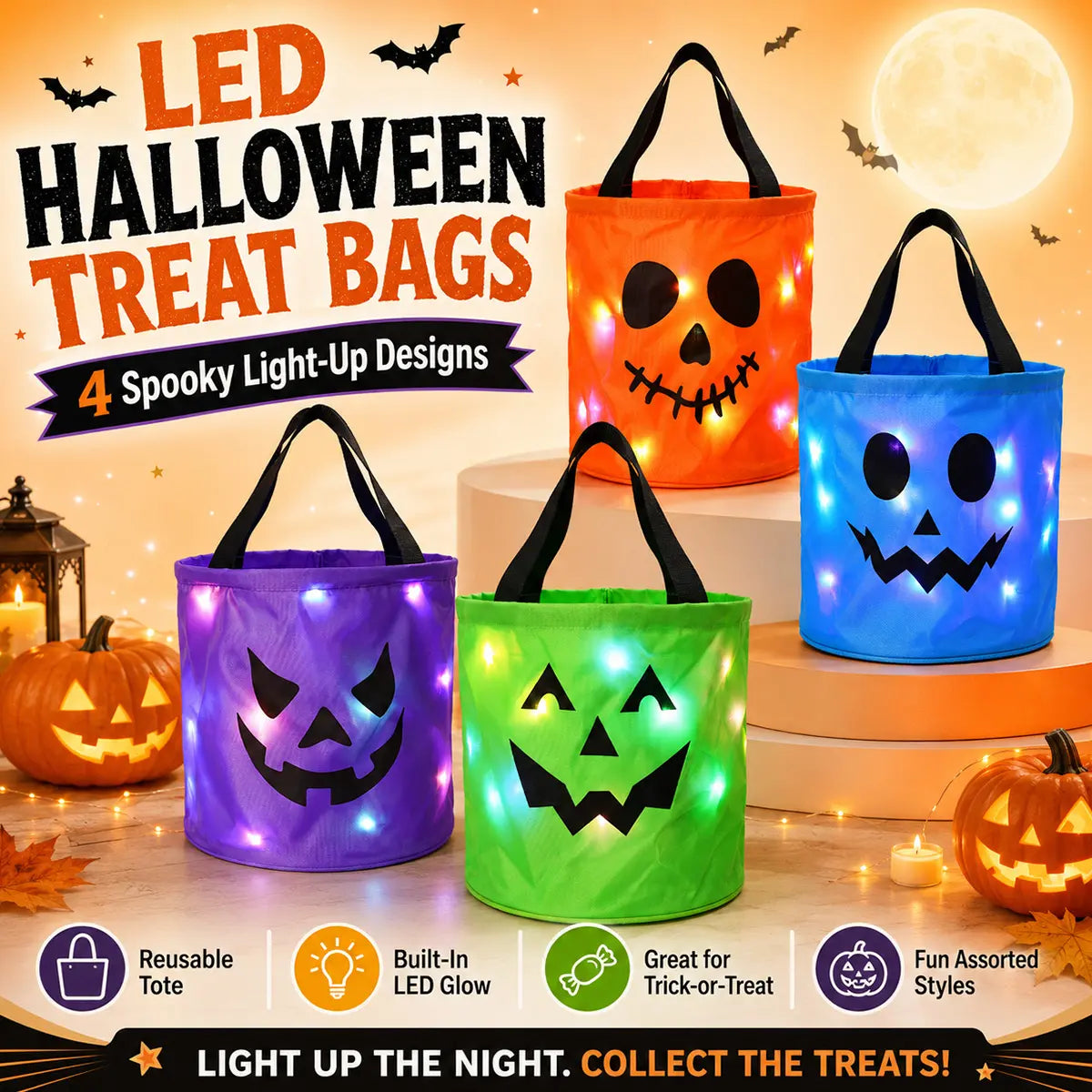 3/4 Pcs Halloween Candy Bucket with LED Lights Non Woven Gift Bags Trick or Treat Bags Pumpkin Candy Bags Reusable Tote Bags for  Kids Students Adults, Night Light Bags for Home Garden Lawn Decorations, Halloween Birthday Christmas Party Favor Supplies
