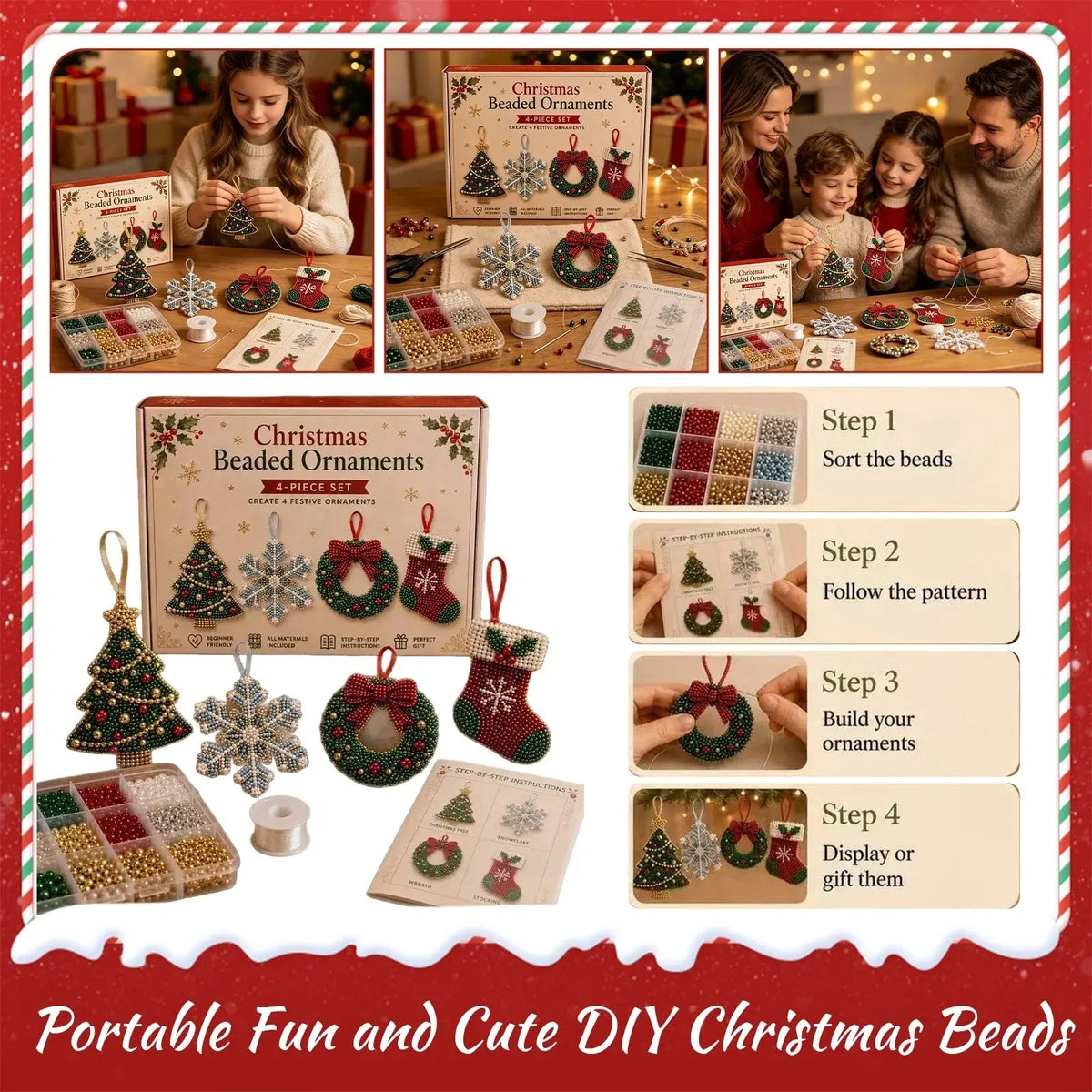 Creative Christmas 3D beaded ornaments DIY kit – holiday bead art craft set gift packaging