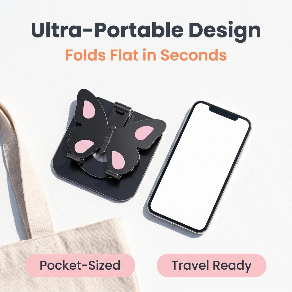 Portable aluminum phone stand in use – compact 360° rotatable folding desk mount