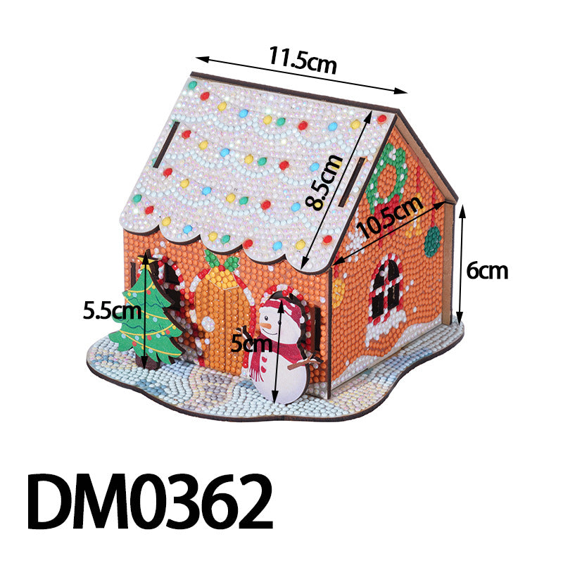 3D wooden Christmas cabin diamond painting kit detail view – DIY holiday desktop ornament