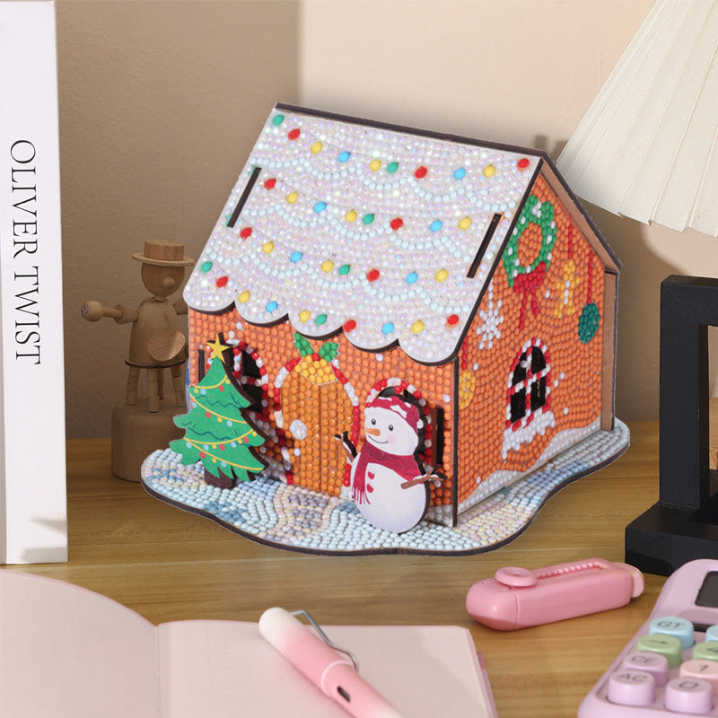3D wooden Christmas house diamond painting kit – DIY festive ornament for desktop decor
