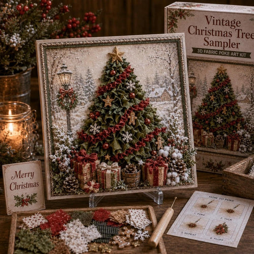 Christmas fabric art kit with pre-cut wooden frame and assorted fabric pieces – no-sew craft