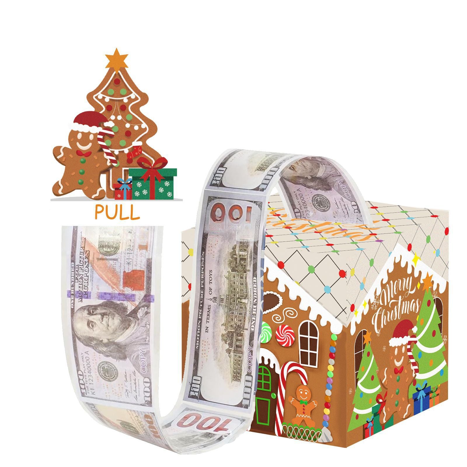 Christmas Money Pull Gift Box - Holiday Party Surprise Cash Box Decoration - BrownGingerbread Man40