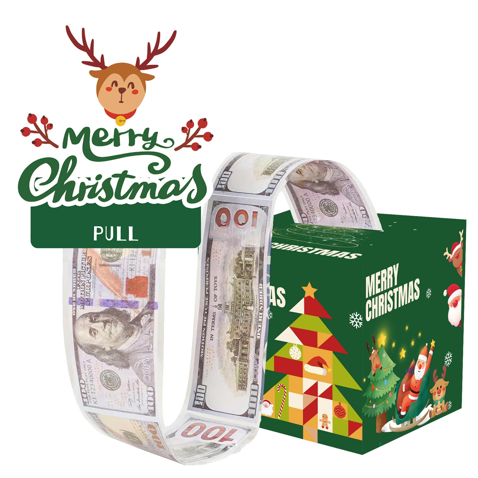 Christmas Money Pull Gift Box - Holiday Party Surprise Cash Box Decoration - GreenChristmas Reindeer11
