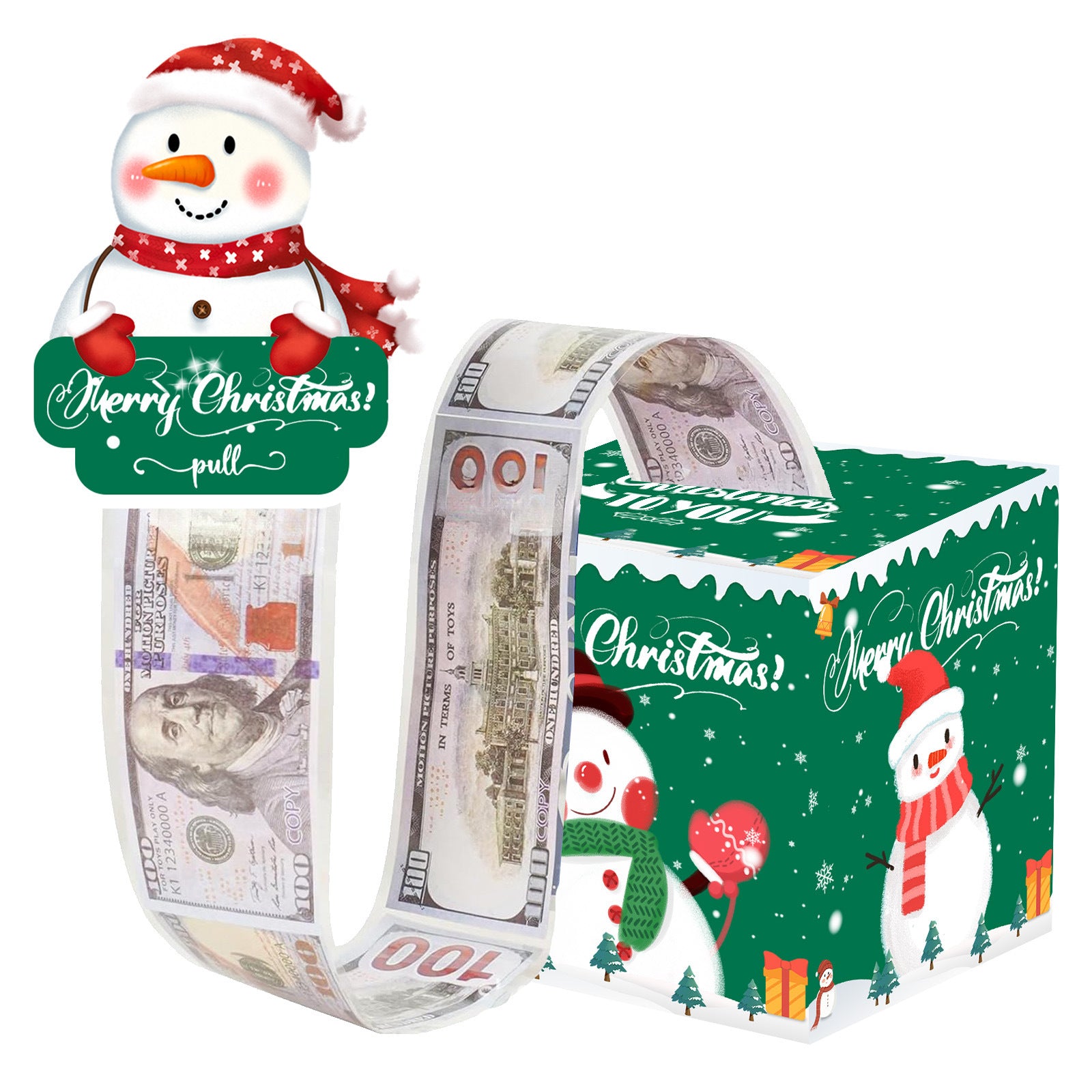 Christmas Money Pull Gift Box - Holiday Party Surprise Cash Box Decoration - GreenCuteSnowman25