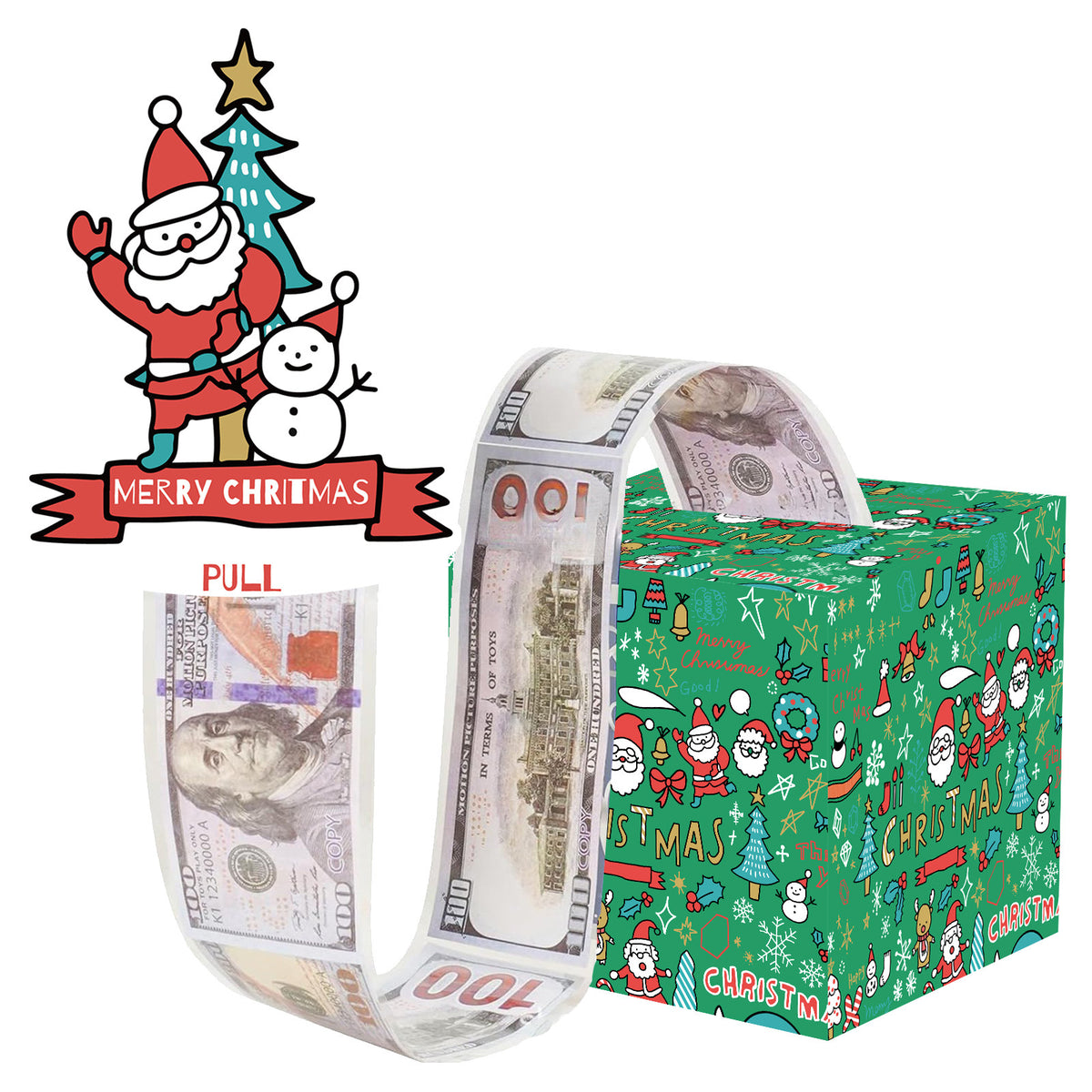 Christmas Money Pull Gift Box - Holiday Surprise Cash Box Decoration - GreenSanta ClausSnowman02
