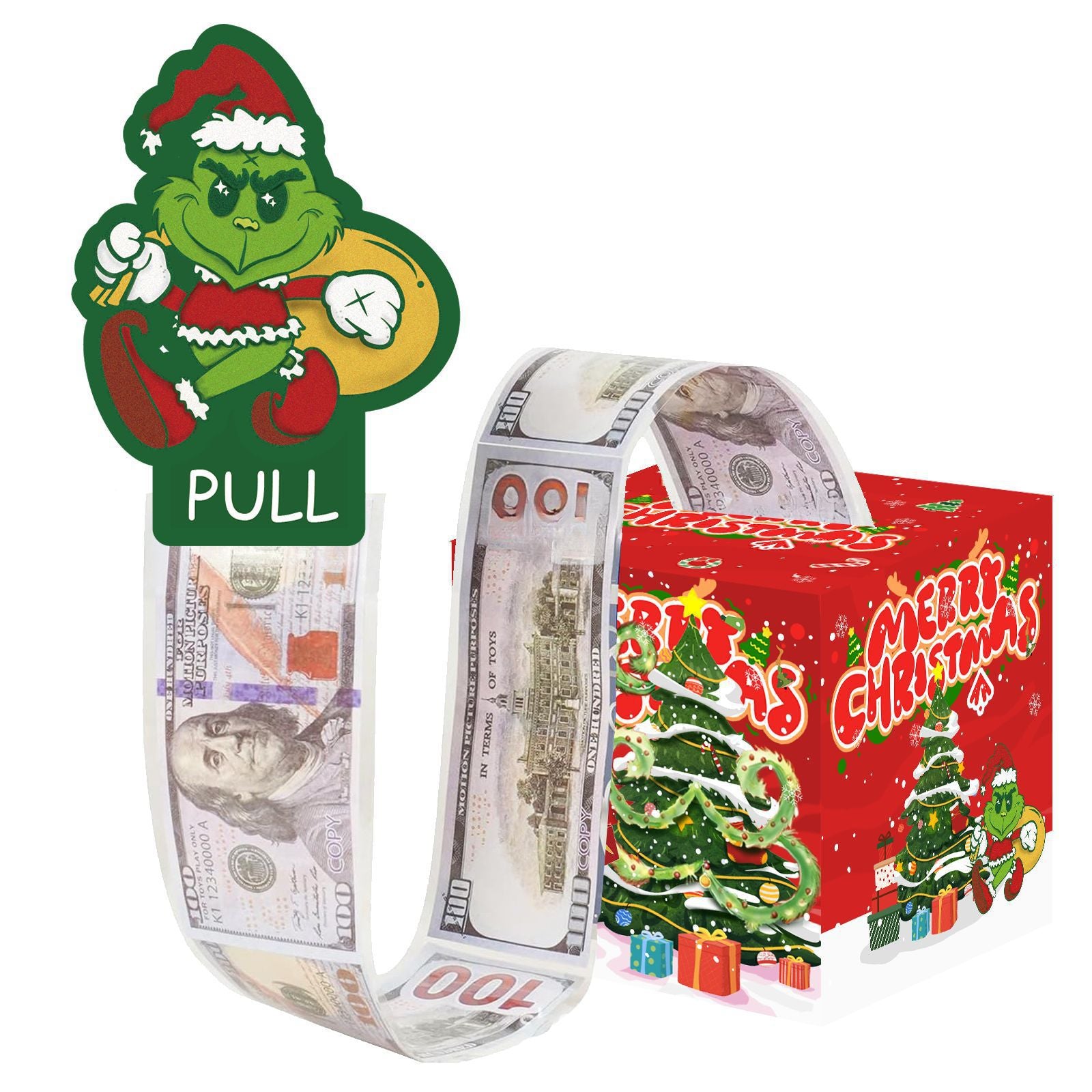 Christmas Money Pull Gift Box - Holiday Party Surprise Cash Box Decoration - Red GreenGrinch45