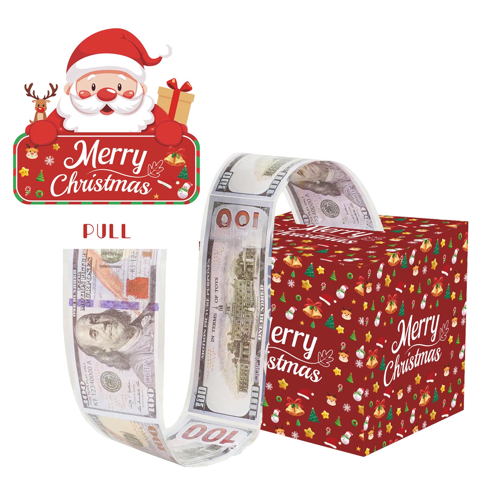 Christmas Money Pull Gift Box - Holiday Party Surprise Cash Box Decoration - RedSanta ClausReindeer09