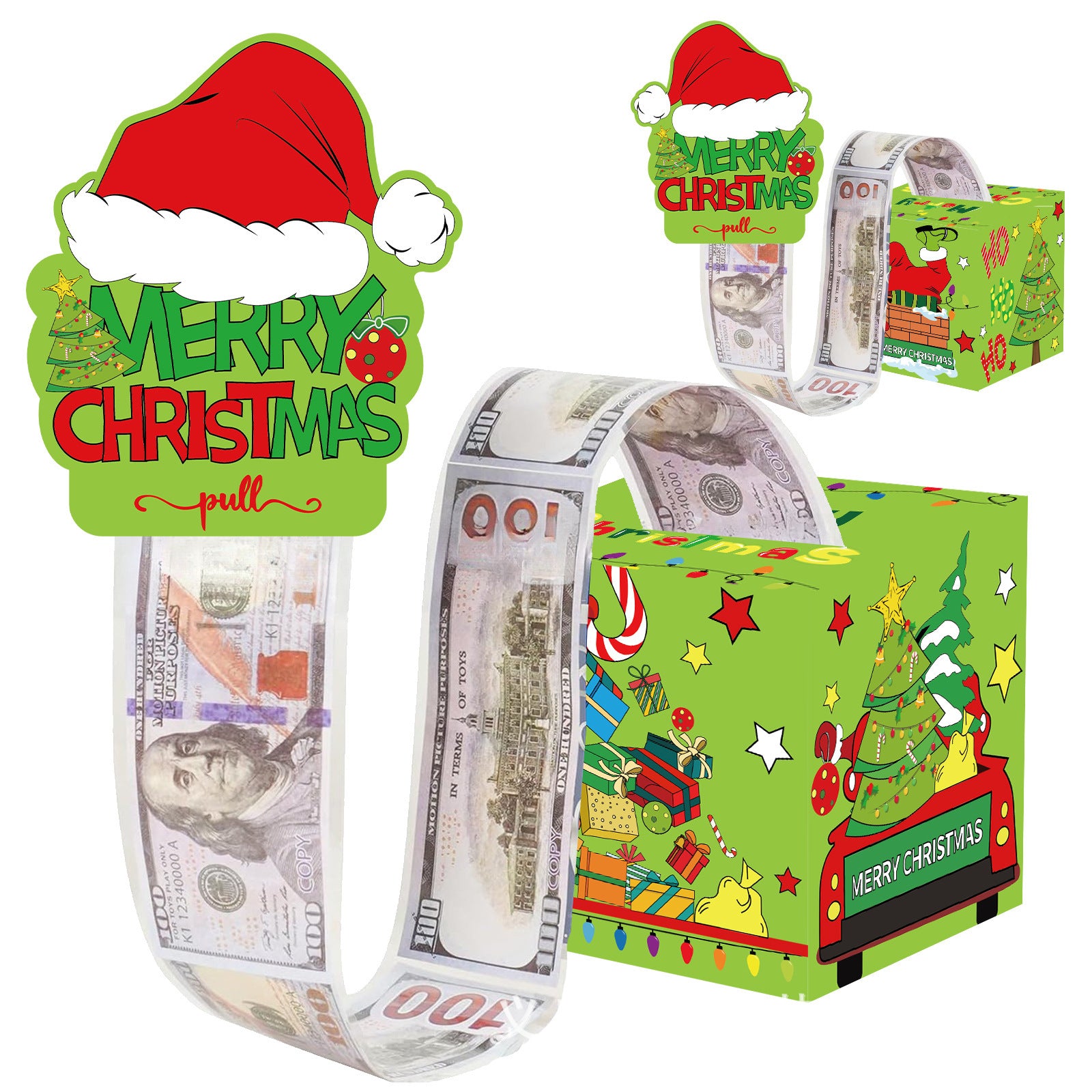 Christmas Money Pull Gift Box - Holiday Party Surprise Cash Box Decoration - GreenGrinch（Four-sided Different）51