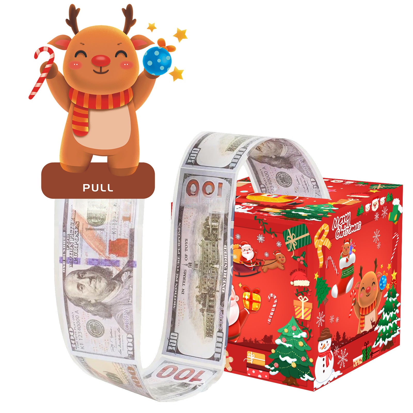 Christmas Money Pull Gift Box - Holiday Party Surprise Cash Box Decoration - BrownReindeer22