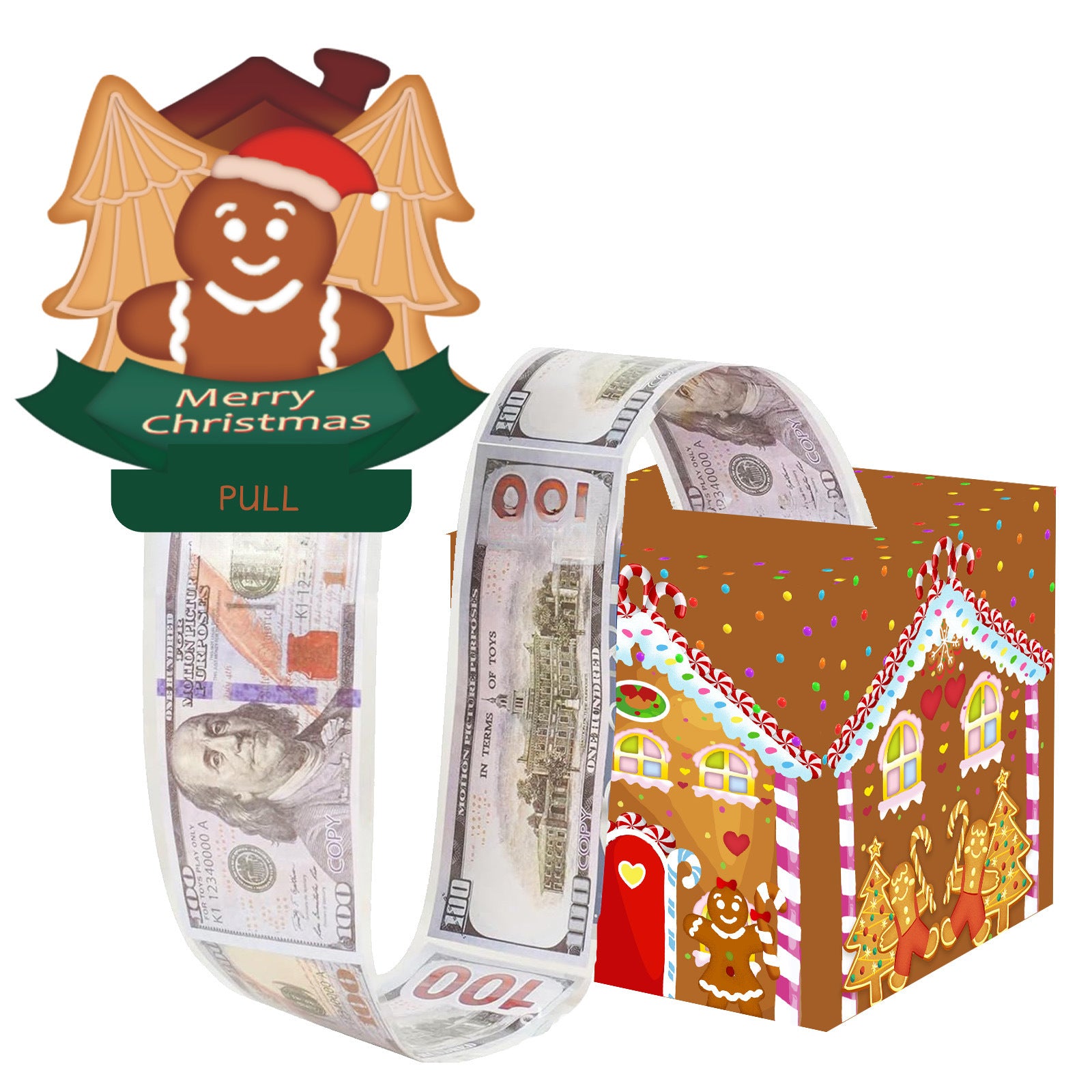 Christmas Money Pull Gift Box - Holiday Party Surprise Cash Box Decoration - BrownGingerbread Man26