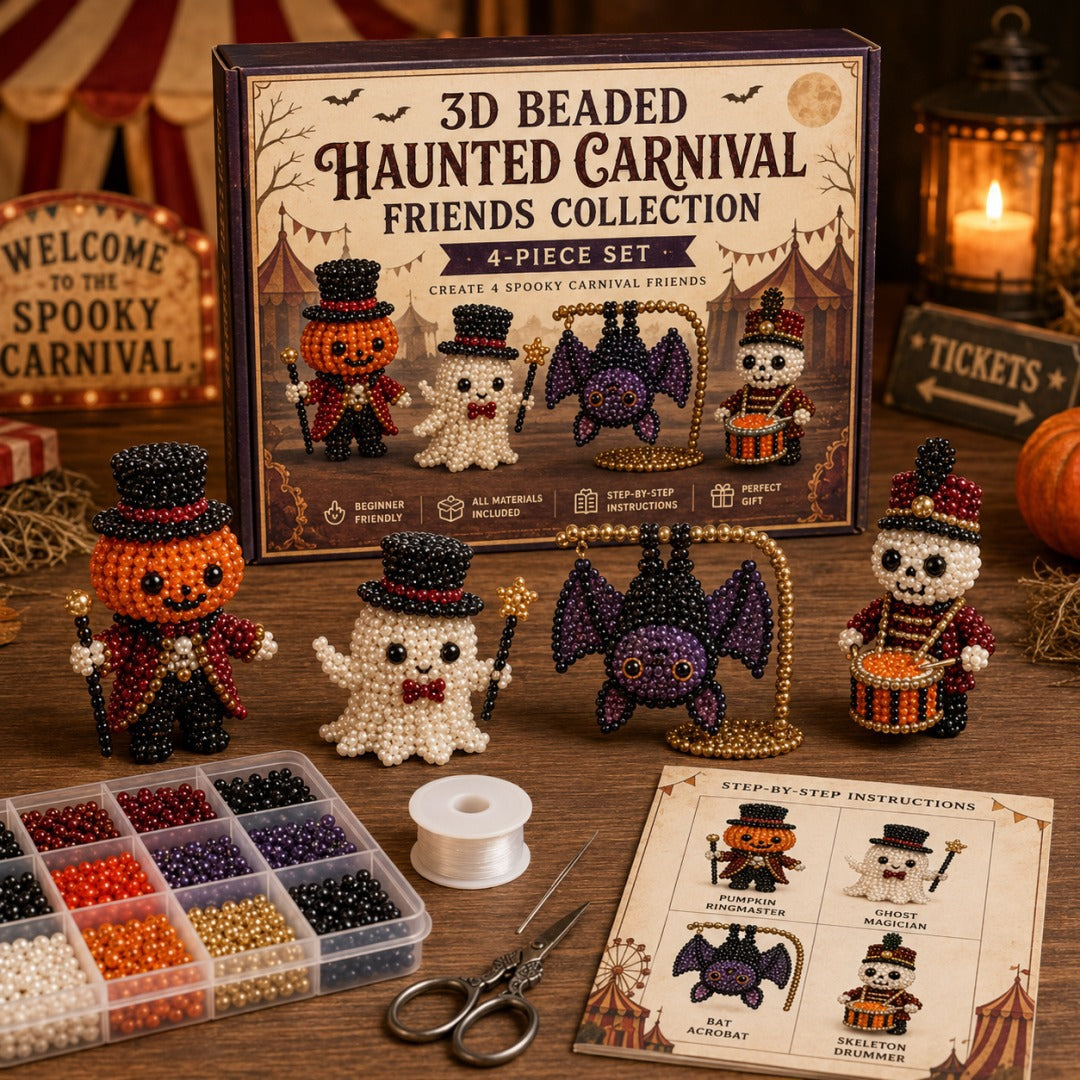Halloween Beaded Craft Friends Kit - DIY Beading Ornament Set - Ghost Carnival Friends / DIY Beading Kit with Color Box