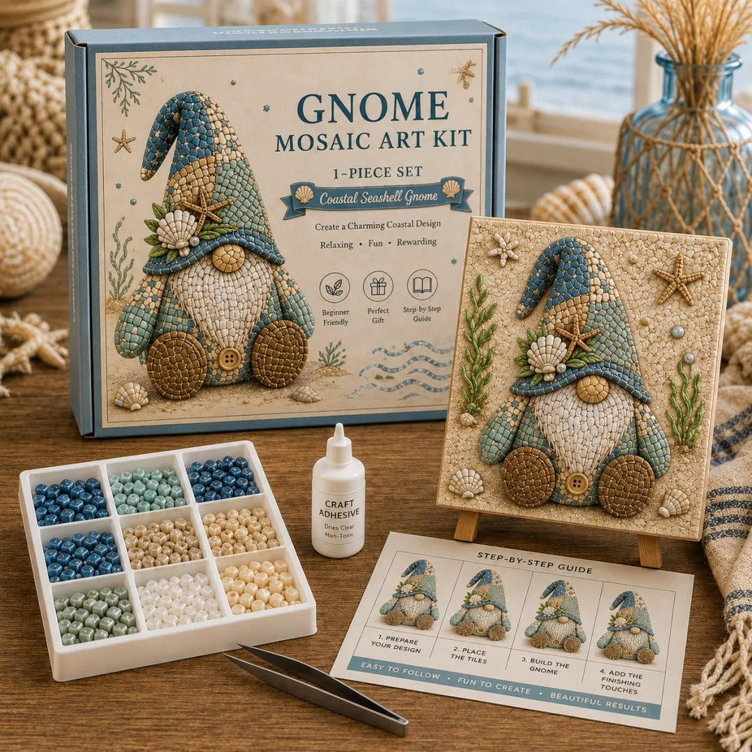 Assorted holiday sea glass pieces arranged on wooden base board – mindful craft activity