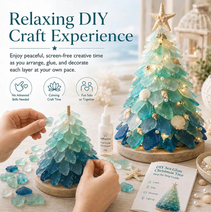 Assorted christmas sea glass pieces arranged on wooden base board – mindful craft activity