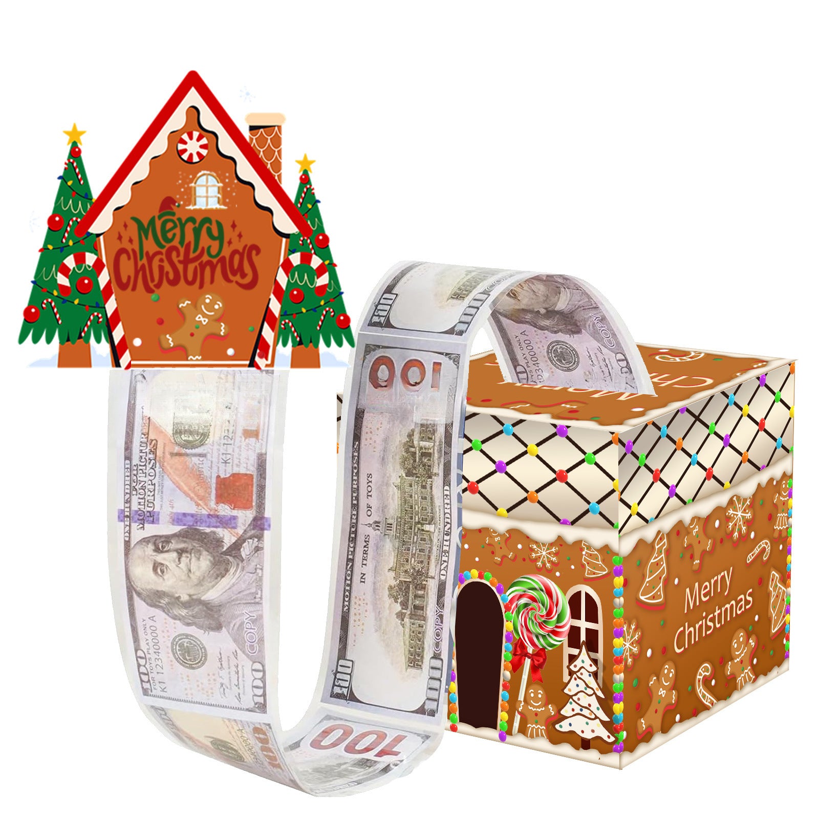 Christmas Money Pull Gift Box - Holiday Party Surprise Cash Box Decoration - BrownGingerbread Man23