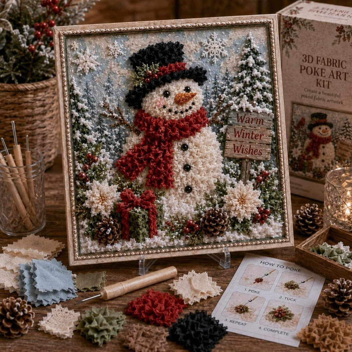 Christmas kinusaiga-style fabric artwork with textured 3D effect – traditional Japanese-inspired craft