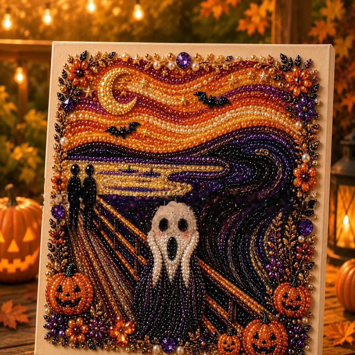 Halloween starry night pearl art DIY kit – 3D bead mosaic craft with artboard for fall decor