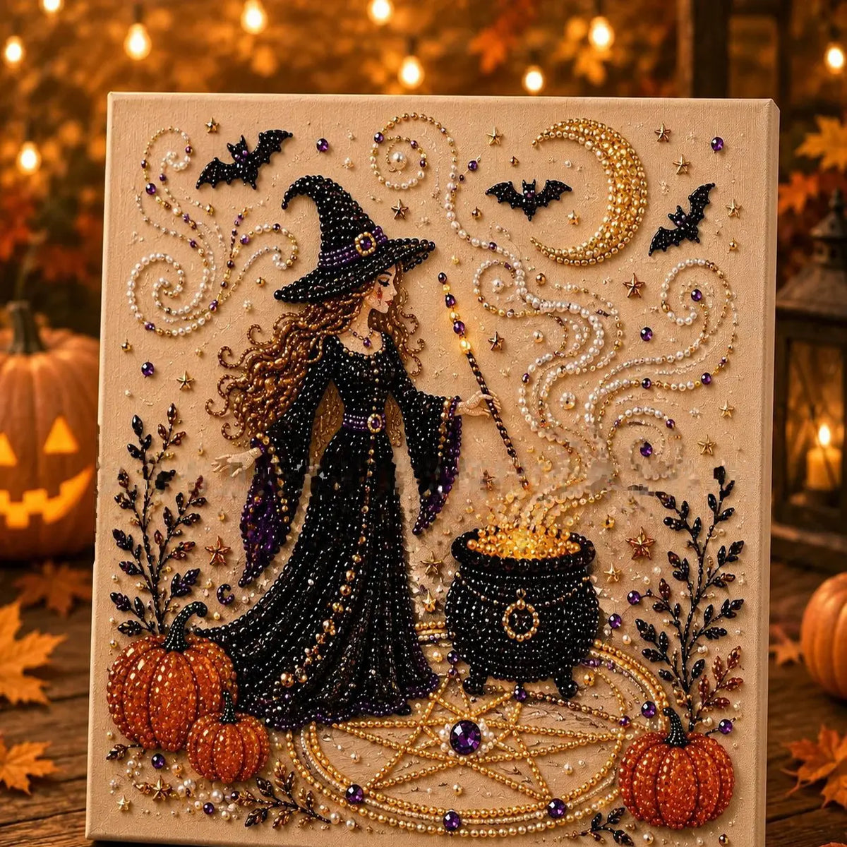 Halloween witch pearl art DIY kit – 3D bead mosaic craft with artboard for fall home decor