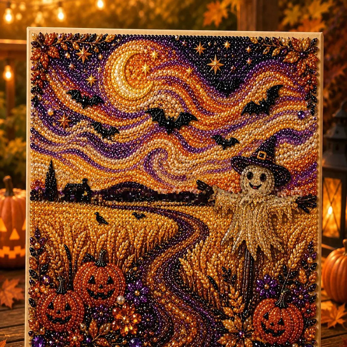 Halloween scarecrow ghost pearl art DIY kit – 3D bead mosaic craft with artboard for fall decor