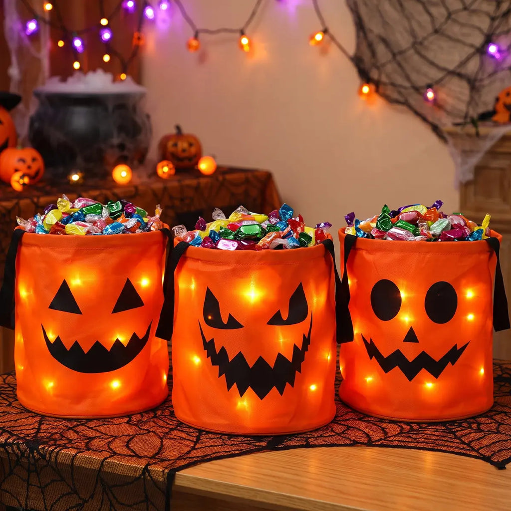 3/4 Pcs Halloween Candy Bucket with LED Lights Non Woven Gift Bags Trick or Treat Bags Pumpkin Candy Bags Reusable Tote Bags for  Kids Students Adults, Night Light Bags for Home Garden Lawn Decorations, Halloween Birthday Christmas Party Favor Supplies
