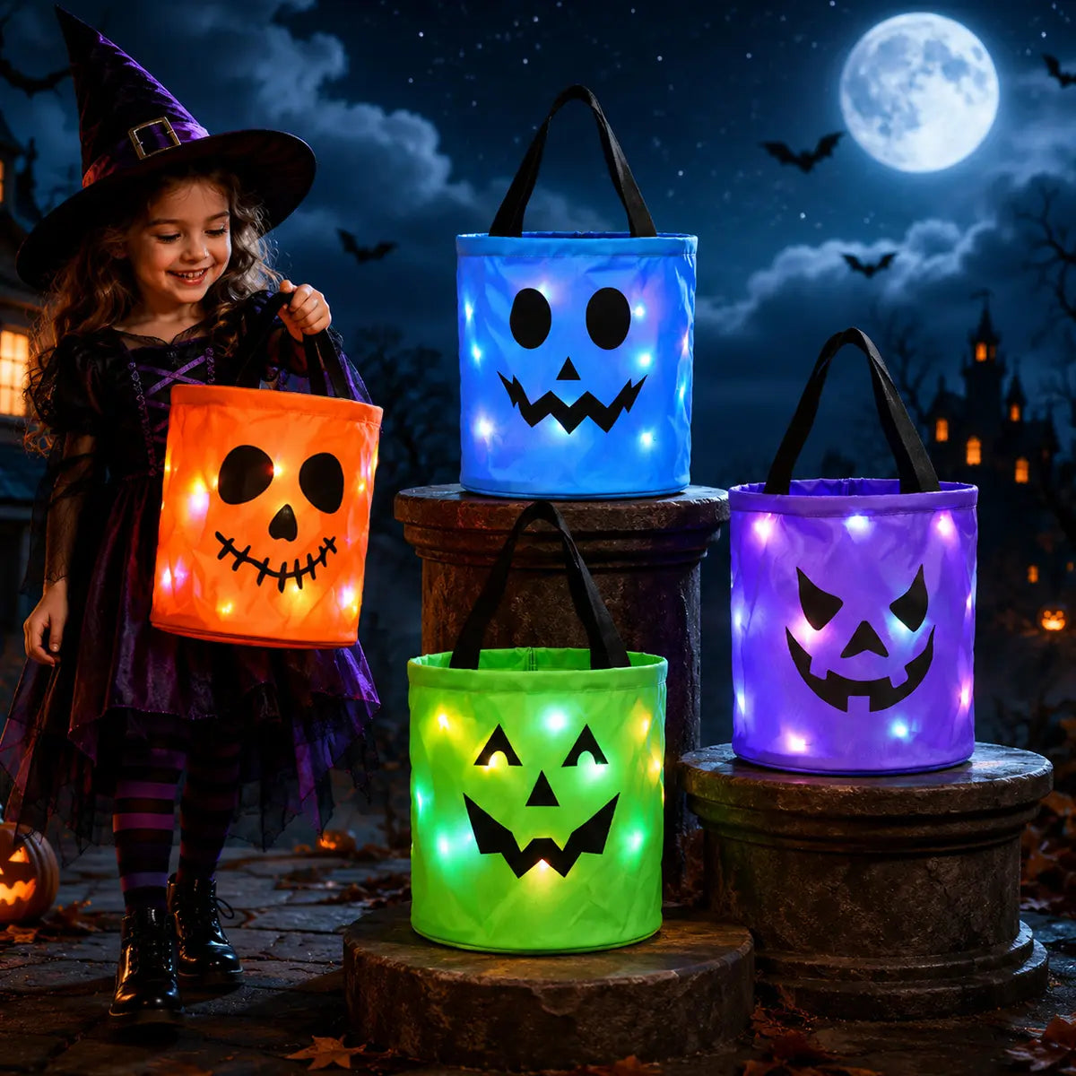3/4 Pcs Halloween Candy Bucket with LED Lights Non Woven Gift Bags Trick or Treat Bags Pumpkin Candy Bags Reusable Tote Bags for  Kids Students Adults, Night Light Bags for Home Garden Lawn Decorations, Halloween Birthday Christmas Party Favor Supplies