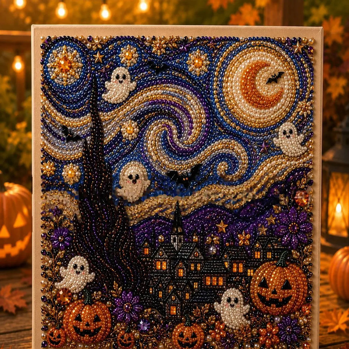 Halloween pearl art DIY kit – 3D bead mosaic craft set for fall home decor with artboard