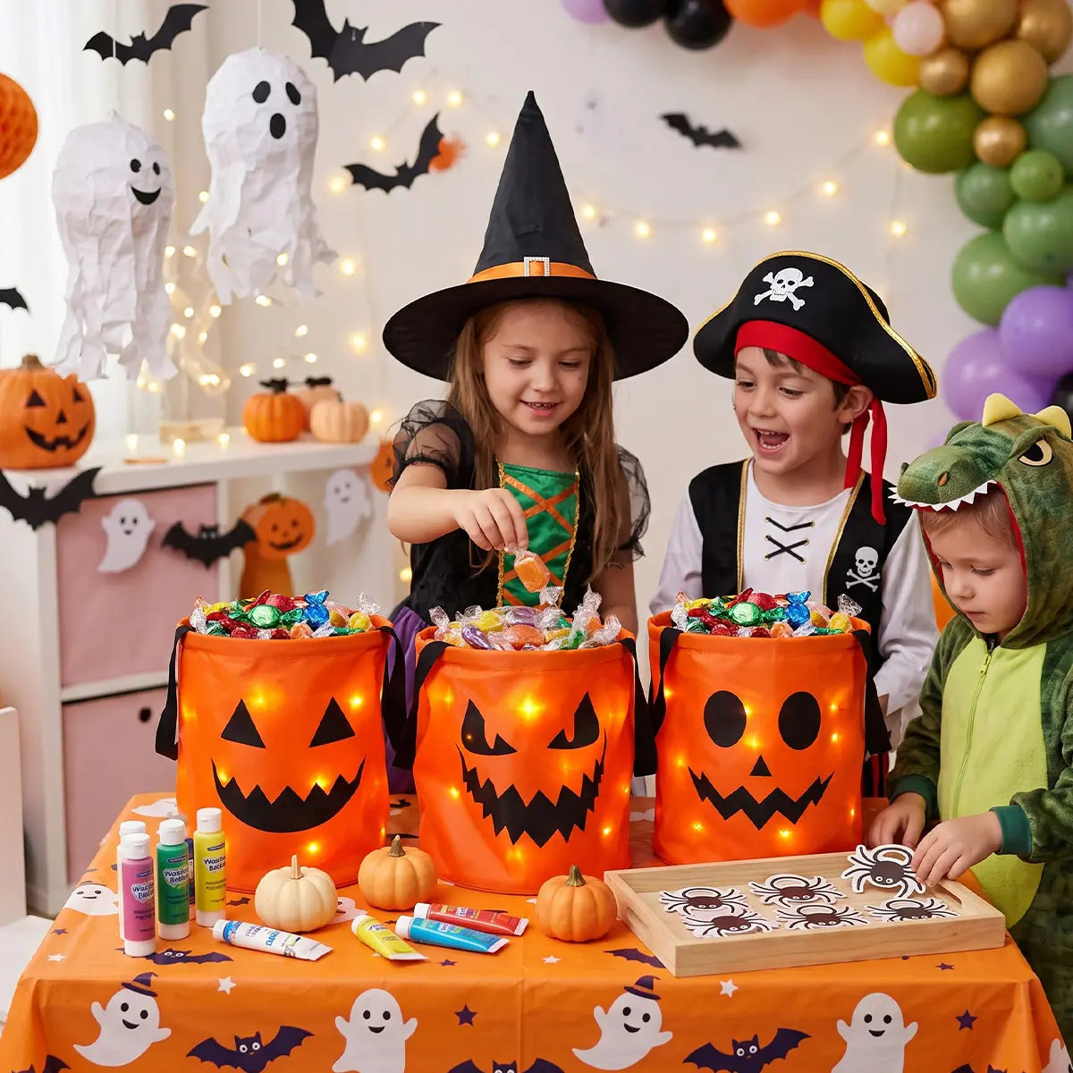 3/4 Pcs Halloween Candy Bucket with LED Lights Non Woven Gift Bags Trick or Treat Bags Pumpkin Candy Bags Reusable Tote Bags for  Kids Students Adults, Night Light Bags for Home Garden Lawn Decorations, Halloween Birthday Christmas Party Favor Supplies