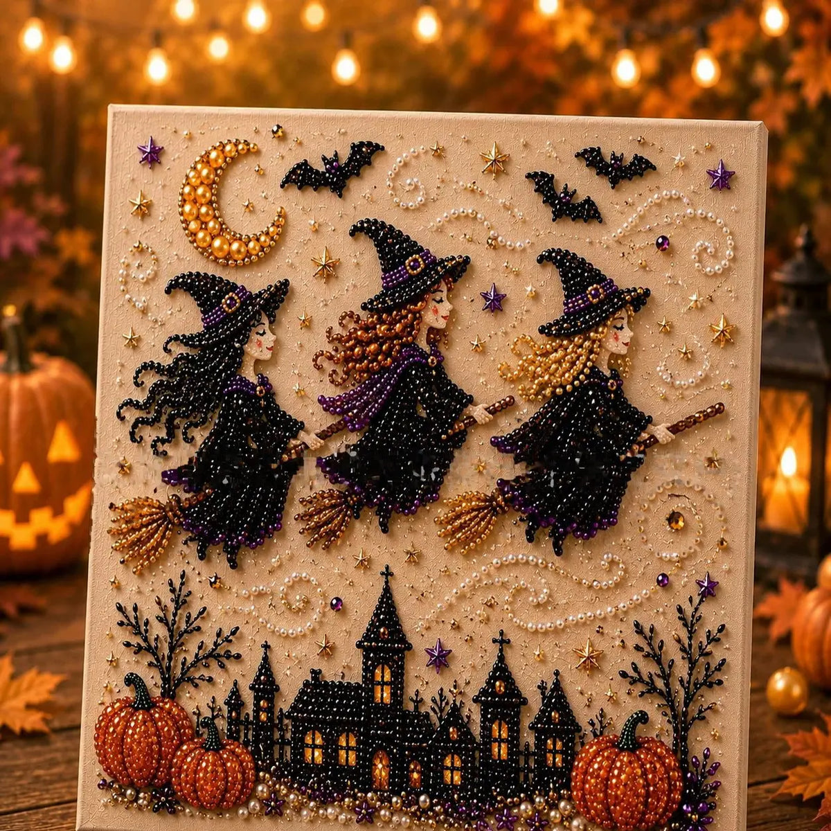 Halloween 3D bead mosaic craft kit detail view – pearl art DIY set for fall home decor