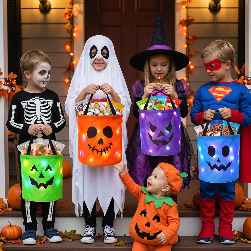 3/4 Pcs Halloween Candy Bucket with LED Lights Non Woven Gift Bags Trick or Treat Bags Pumpkin Candy Bags Reusable Tote Bags for  Kids Students Adults, Night Light Bags for Home Garden Lawn Decorations, Halloween Birthday Christmas Party Favor Supplies