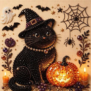 Black cat with spider web and pumpkin pearl diamond painting kit – spooky Halloween DIY craft