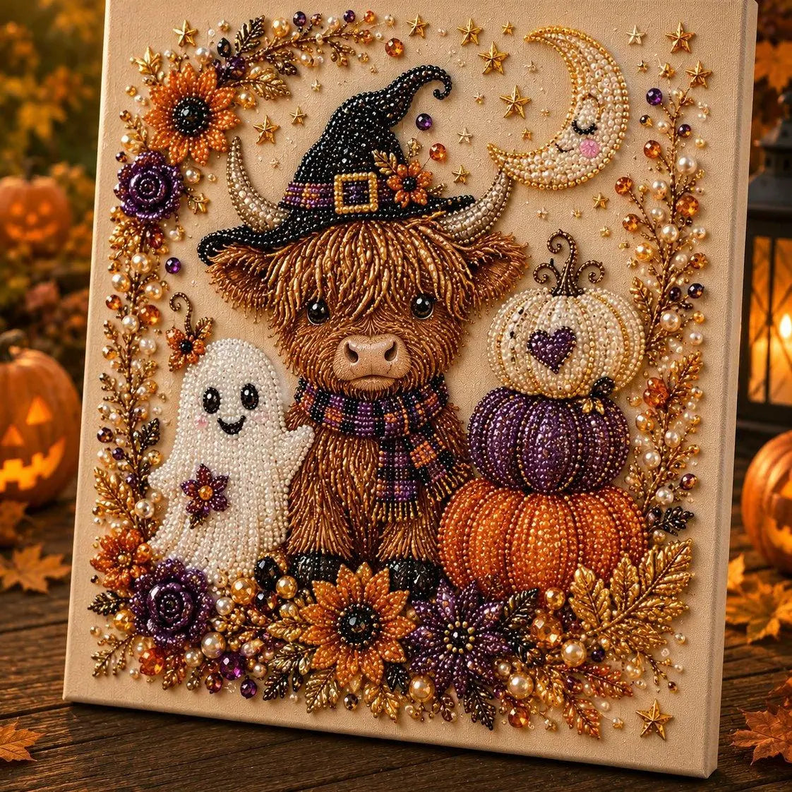 Witch and teddy bear pumpkin pearl diamond painting kit – cute Halloween 3D DIY craft